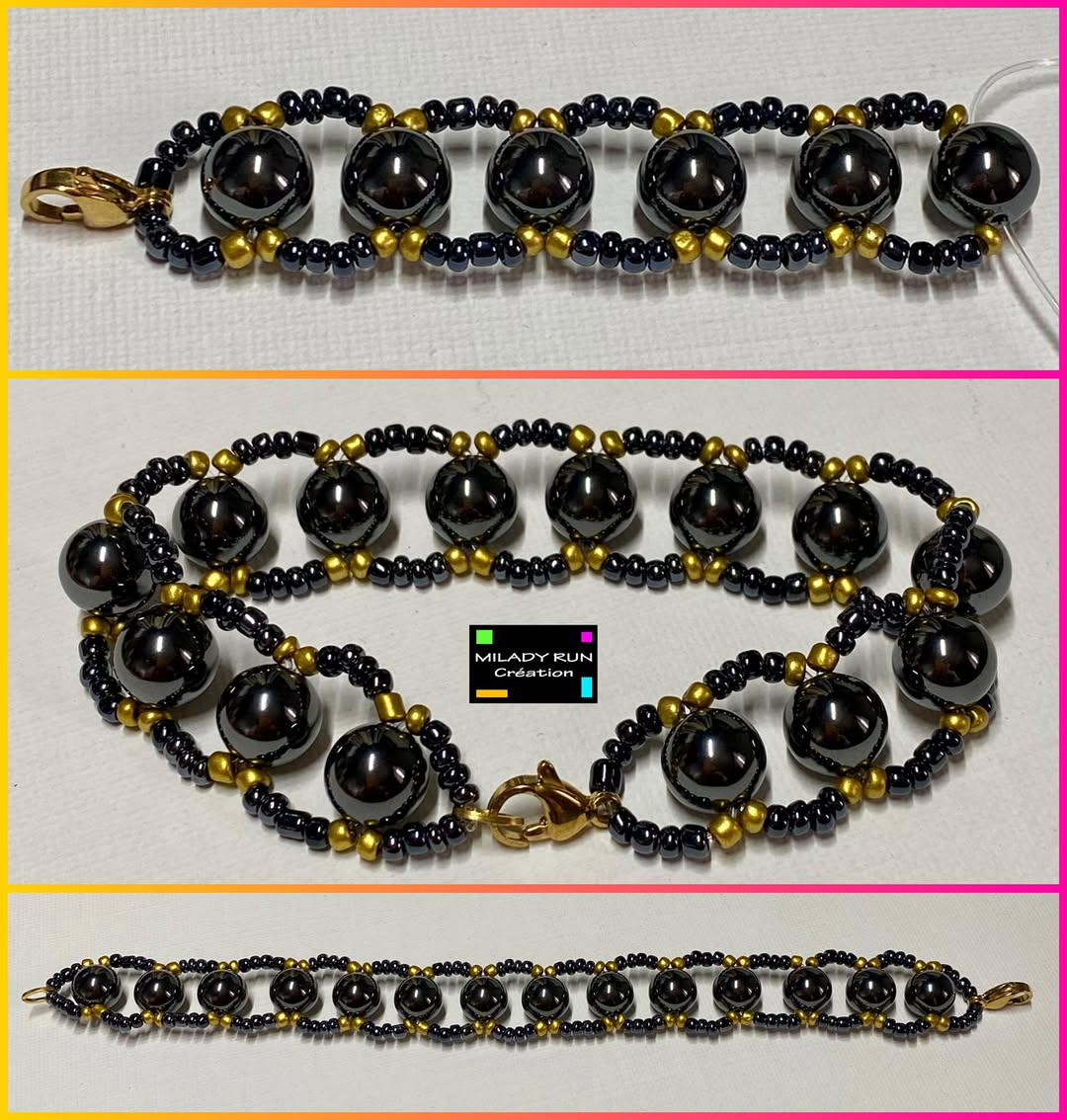 Bracelet élastiqué avec fermoir mousqueton doré, hématites, perles anthracites et dorées - Création pièce unique
