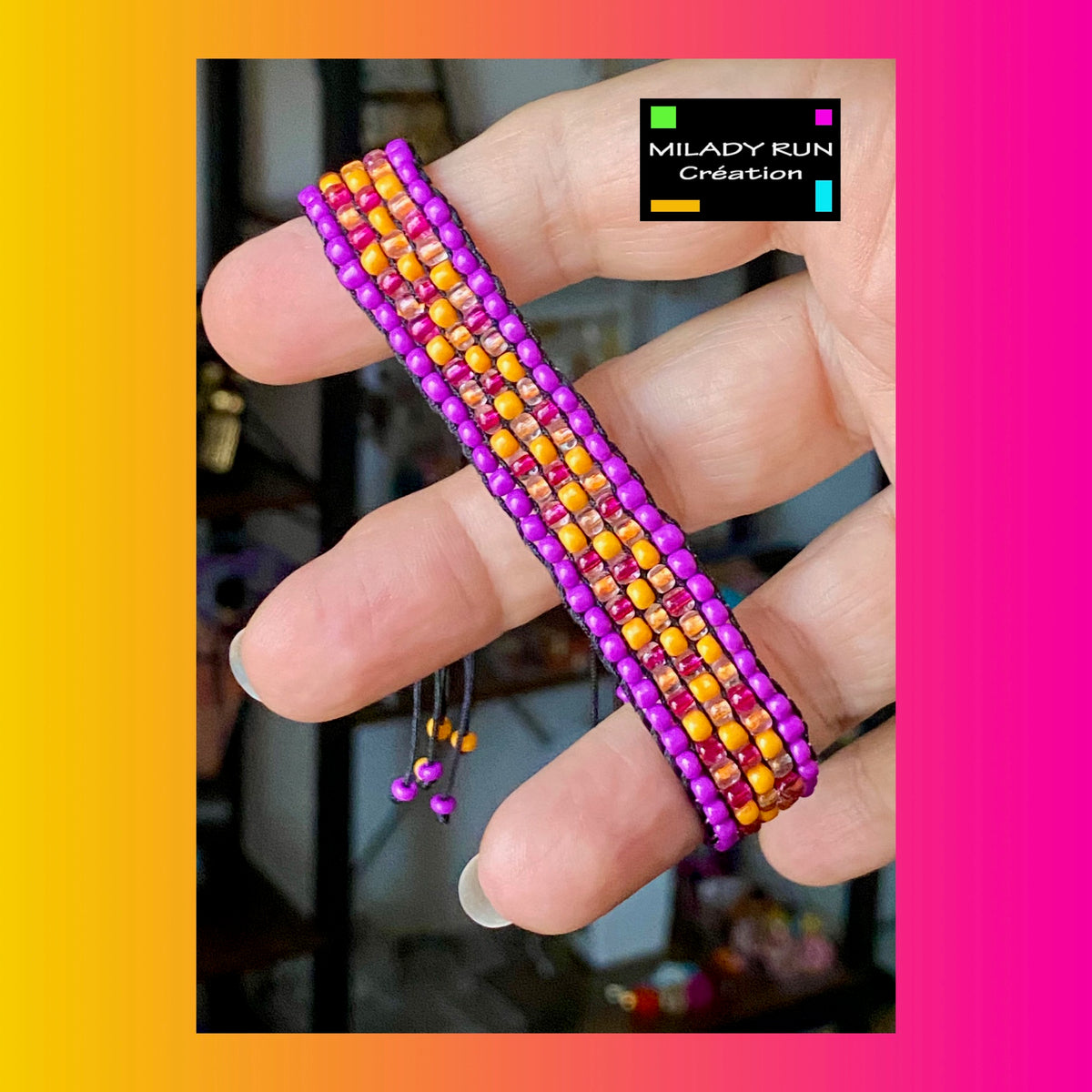 Bracelet ajustable perles tissées mauve, orange, fuschia - Création pièce unique