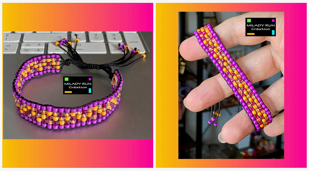 Bracelet ajustable perles tissées mauve, orange, fuschia - Création pièce unique