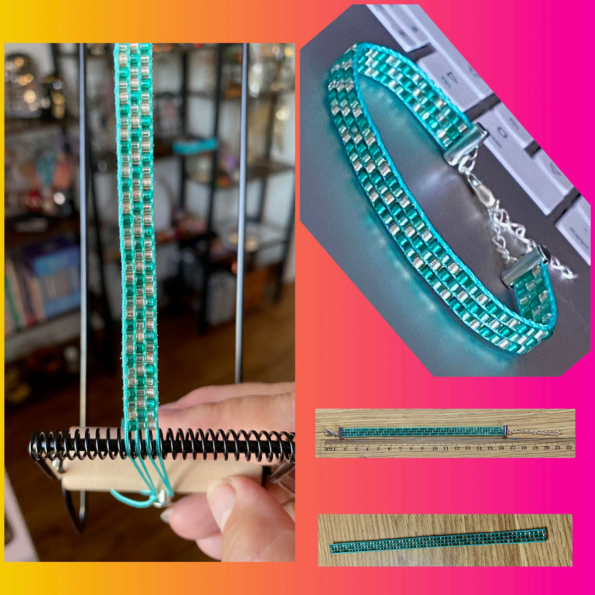 Bracelet argenté perles tissées turquoise - Création pièce unique