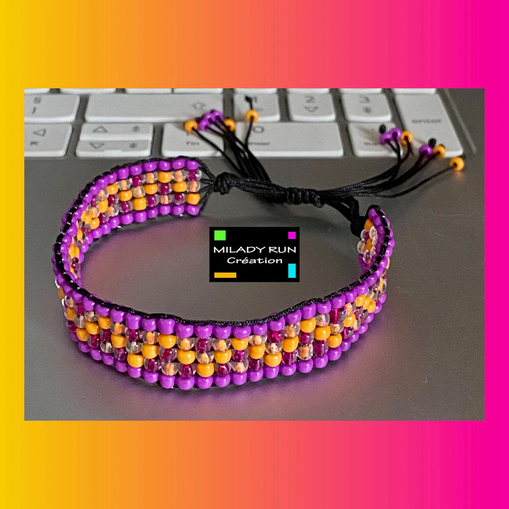 Bracelet ajustable perles tissées mauve, orange, fuschia - Création pièce unique