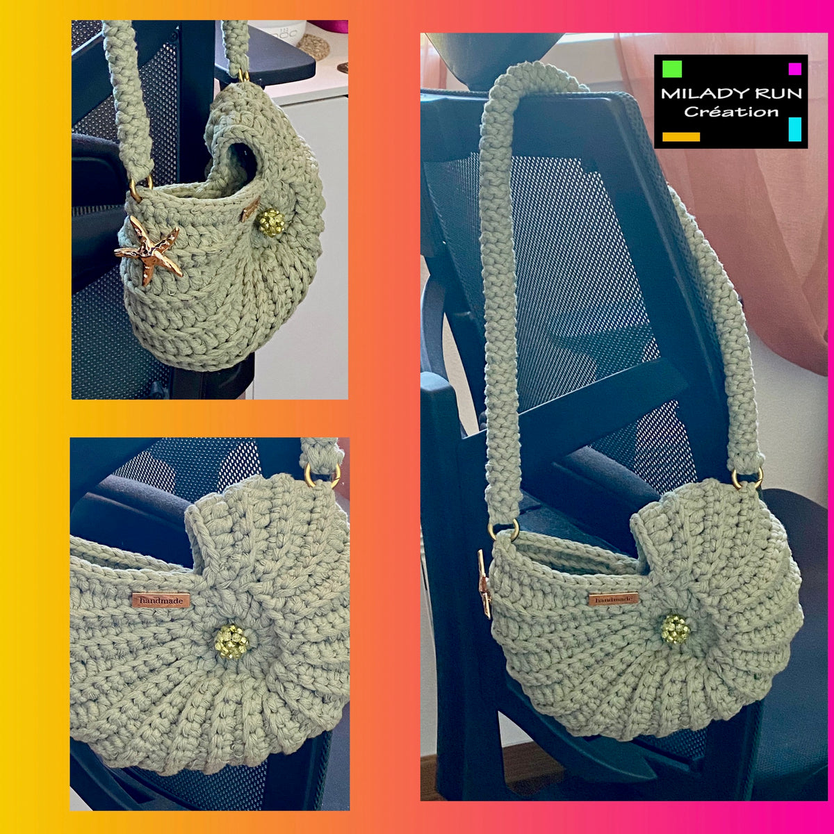 Sac coquillage crocheté kaki clair - Fait main - Pièce unique